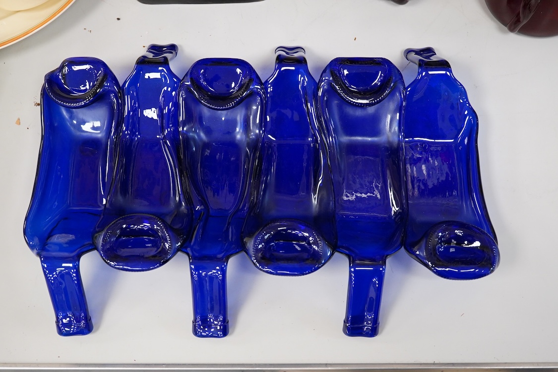 A Mary Canny six sectioned blue bottle art glass tray, 36.5cm deep x 51cm wide